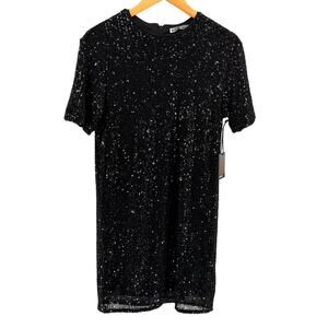 NEW Devoted Black Sequin Short Sleeve Minimalist Mod Mini Dress